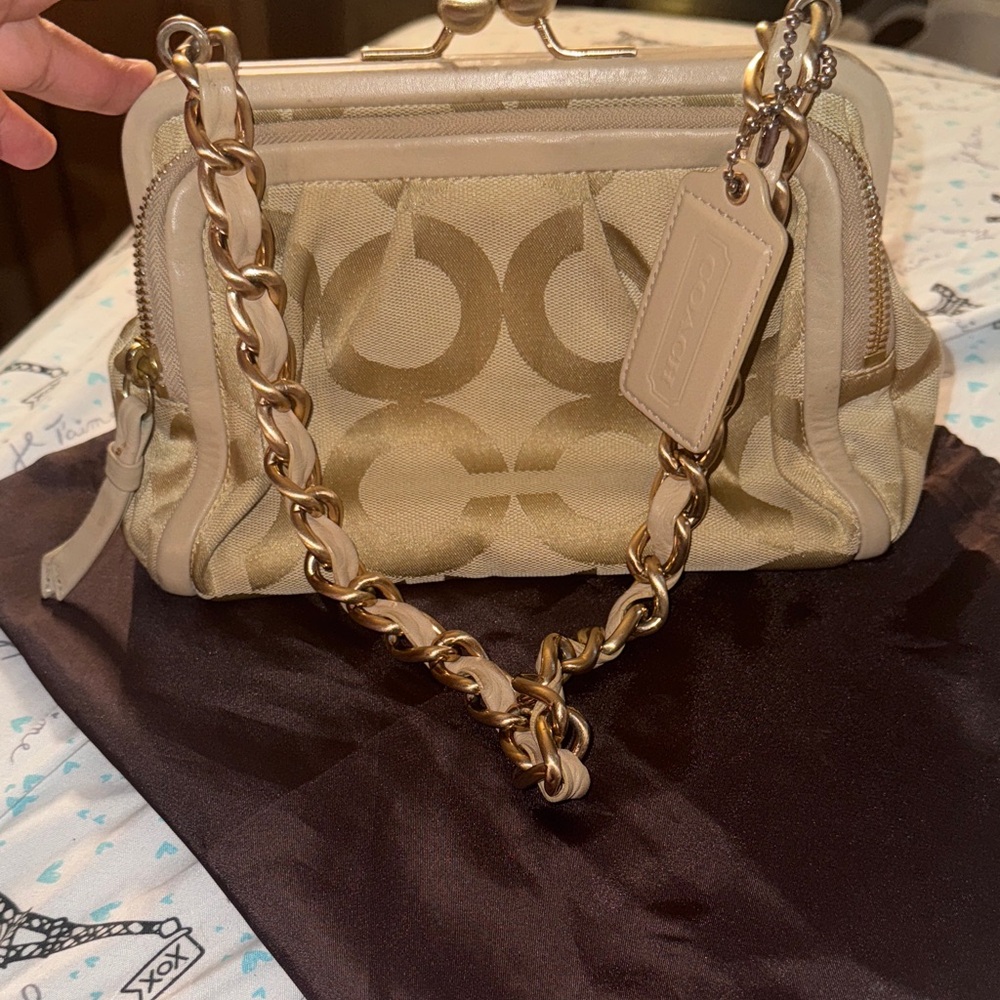Coach Gold and Beige Wristlet with Chain Strap